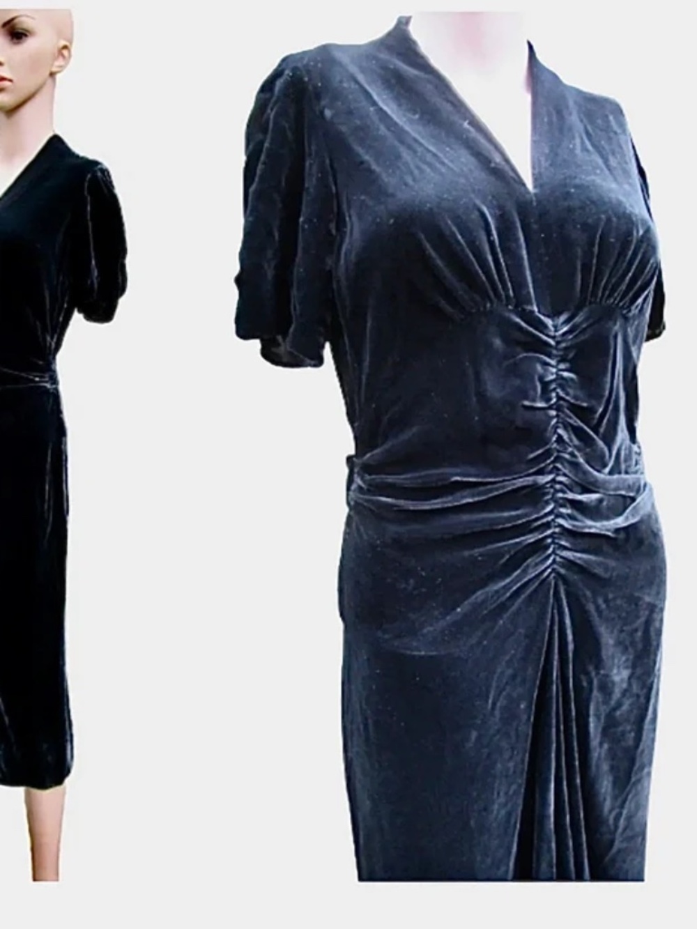 jet black silk velvet dress from the late 1930s, ruched bodice, 34" bust
